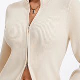 Ribbed Knit Zip-Up Stand Collar Cardigan