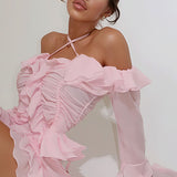 Stylish Off Shoulder Long Sleeve Ruffle Skirt Set