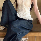 White Lace Trim V Neck Halter Waist Tie Tank Top