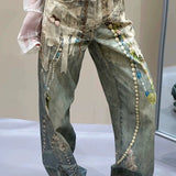 Lace Pearl Chain Printed Vintage Washed Casual Jeans