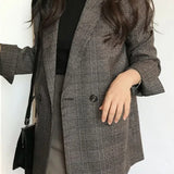 Plaid Double-Breasted Long Blazer