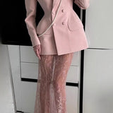 Chic Blazer Lace Skirt Two Piece Set