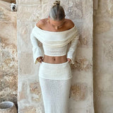 Sexy Off-Shoulder Cropped Top High-Waisted Solid Skirt Two Piece Set