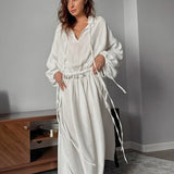 Cotton Cutout Tie Waist Long Sleeve Maxi Dress