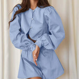 Blue Cotton O-Neck Crop Shorts Office Two Piece Set