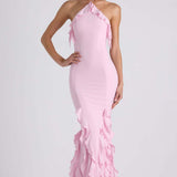 Ruffle-Trim Halterneck Evening Maxi Dress