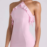 Ruffle-Trim Halterneck Evening Maxi Dress