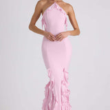 Ruffle-Trim Halterneck Evening Maxi Dress