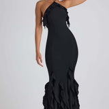 Ruffle-Trim Halterneck Evening Maxi Dress