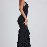 Ruffle-Trim Halterneck Evening Maxi Dress