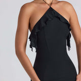 Ruffle-Trim Halterneck Evening Maxi Dress