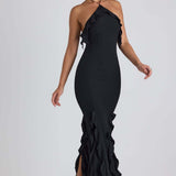Ruffle-Trim Halterneck Evening Maxi Dress