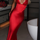 Satin Boned V-Neck Backless Cami Party Dress