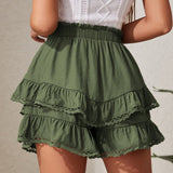 Ruched Tiered Ruffle Hem Elastic Waist Skort