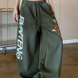 Retro High Waist Drawcord Graphic Sweat Pants