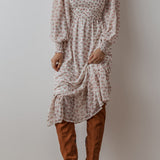 White Floral Print Shirred Ruffled Hem Square Neck Midi Dress