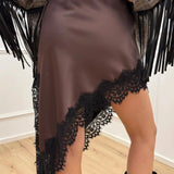 Satin Lace Asymmetric Split Slim A-Line Mini Skirt