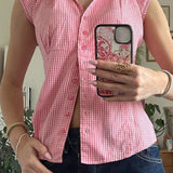 Versatile Red White Plaid Blouse