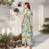 Printed V neck Short Sleeve Belt Maxi Dress Long Sweet Dress