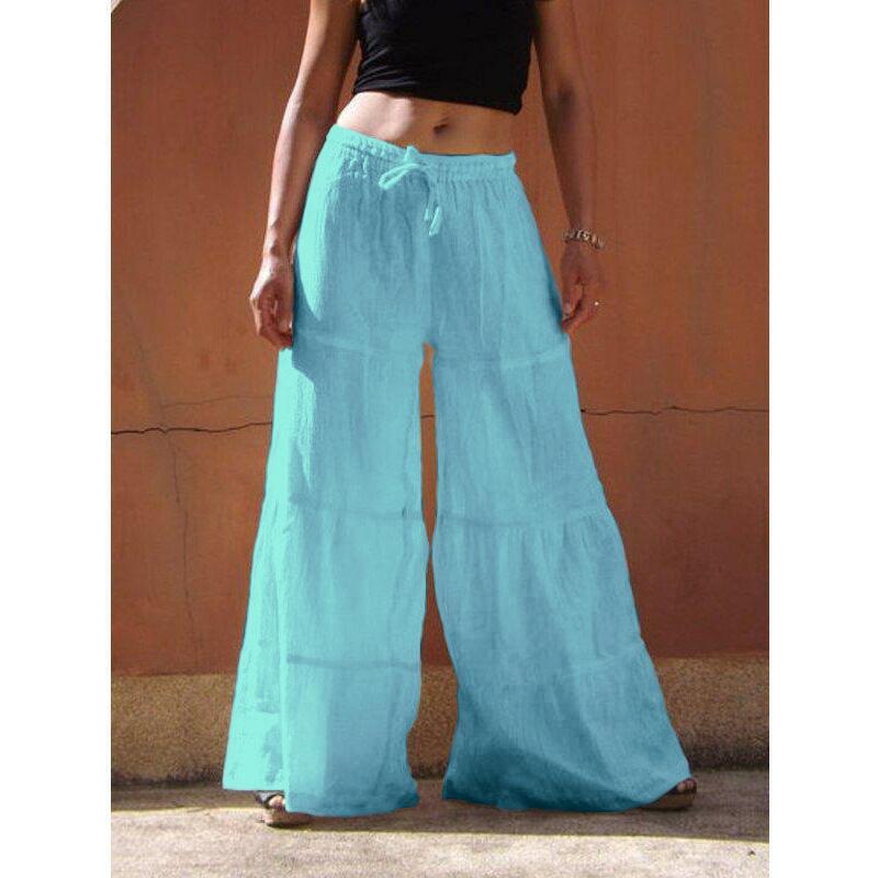 Women's linen flowy wide leg pants elastic waist palazzo pants