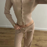 Sexy Fitted Buttoned Long-Sleeve Low-Rise Knit Two Piece Set