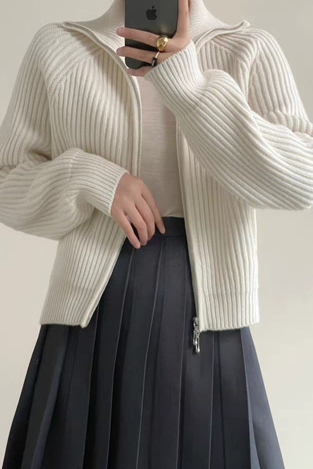 Ribbed High Neck Zip Sweater
