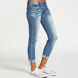 Women's Mid Rise Light Wash Knee Ripped Cropped Jeans