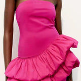 Tube Top Irregular Asymmetric Slim Fit Ruffled Stitching Mini Dress Rose Red