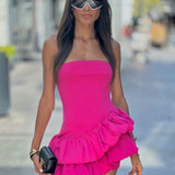Tube Top Irregular Asymmetric Slim Fit Ruffled Stitching Mini Dress Rose Red