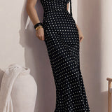 Elegant Polka Dot Cowl Neck Maxi Dress