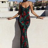 Floral Deep V Backless Maxi Dress