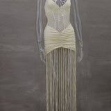 Suspenders Mesh Cropped Outfit Ruffle Hip Tassel Dress