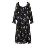 Simple Square Collar Long Sleeve Printing Dress