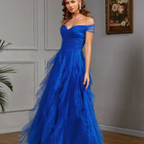 Solid Color off Shoulder Tube Top Mesh Long Elegant Slim Fit Cocktail Evening Dress