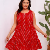 Round Neck Sleeveless Polka Dot Loose Fitting Large Hem Ruffled Dress