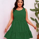 Round Neck Sleeveless Polka Dot Loose Fitting Large Hem Ruffled Dress