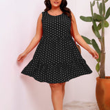 Round Neck Sleeveless Polka Dot Loose Fitting Large Hem Ruffled Dress