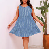 Round Neck Sleeveless Polka Dot Loose Fitting Large Hem Ruffled Dress