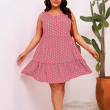 Round Neck Sleeveless Polka Dot Loose Fitting Large Hem Ruffled Dress