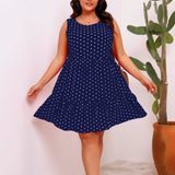 Round Neck Sleeveless Polka Dot Loose Fitting Large Hem Ruffled Dress