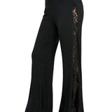 Women's black side lace patchwork pants wide leg flare pants