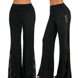 Women's black side lace patchwork pants wide leg flare pants