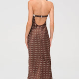 Satin Polka Dot Strapless Backless Maxi Dress
