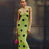 Polka Dot Knit Fringe Hem Maxi Dress