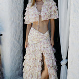 Ruffled Tiered Split Cake Skirt Two Piece Set