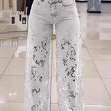 High Waist Lace Cutout Long Wide Leg Jeans