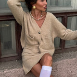 Tweed Solid Cardigan Skirt Set Chic Two Piece Set