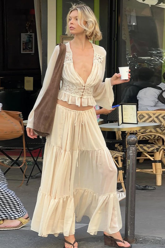 Sexy Lace Chiffon Sheer Tie Skirt Set