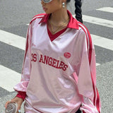 Digital Print Loose Long Sleeve V Neck Blouse