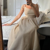 Cotton V Neck Spaghetti Strap Elegant Tie Backless Midi Dress